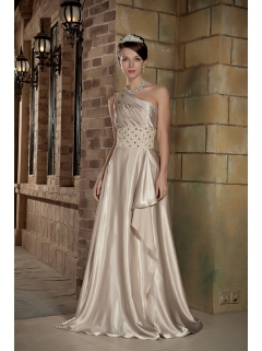 One Shoulder Empire Champagne Prom Dress Beading Brush Train