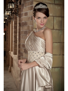 One Shoulder Empire Champagne Prom Dress Beading Brush Train