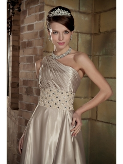 One Shoulder Empire Champagne Prom Dress Beading Brush Train