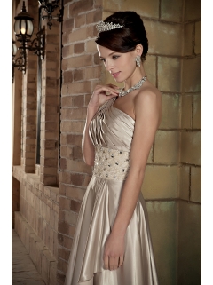 One Shoulder Empire Champagne Prom Dress Beading Brush Train