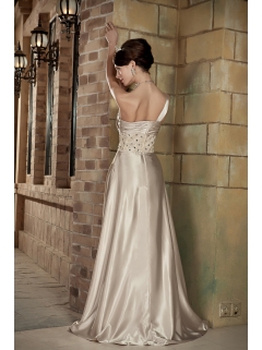 One Shoulder Empire Champagne Prom Dress Beading Brush Train