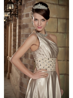 One Shoulder Empire Champagne Prom Dress Beading Brush Train