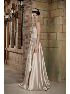 One Shoulder Empire Champagne Prom Dress Beading Brush Train