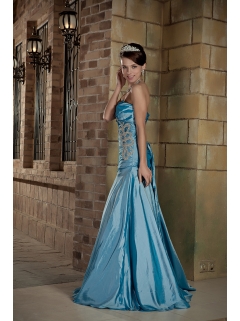 Taffeta Teal Brush Train Beading Evening Dress with Sweetheart