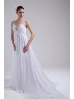 A-line V-neck Ruching Beading Wedding Dress