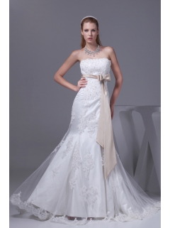 Lace Sash Strapless Mermaid Court Train Wedding Dress