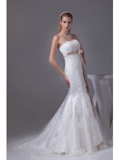 Lace Sash Strapless Mermaid Court Train Wedding Dress