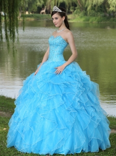 Beaded Ruffles Layered Decorate Famous Designer Quinceanera Dress With Sweetheart Aqua Skirt