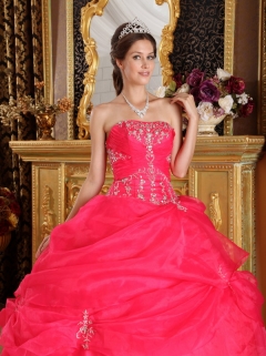 Coral Red Ball Gown Strapless Floor-length Organza Appliques Quinceanera Dress