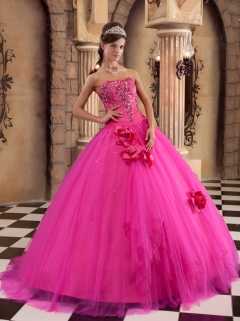 Hot Pink Ball Gown Strapless Floor-length Satin and Tulle Beading Quinceanera Dress
