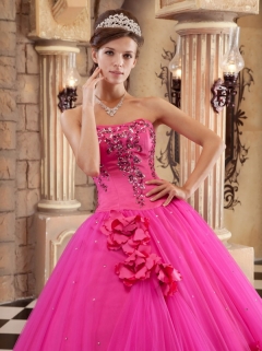Hot Pink Ball Gown Strapless Floor-length Satin and Tulle Beading Quinceanera Dress
