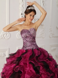 Multi-color Ball Gown Sweetheart Floor-length Leopard and Organza Ruffles Quinceanera Dress