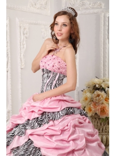 Romantic Ball Gown Strapless Floor-length Taffeta and Zara Beading Pink Quinceanera Dress