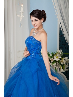 Royal Blue A-line / Princess Strapless Floor-length Tulle Beading Quinceanera Dress
