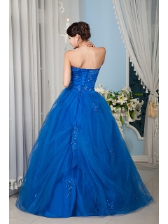 Royal Blue A-line / Princess Strapless Floor-length Tulle Beading Quinceanera Dress