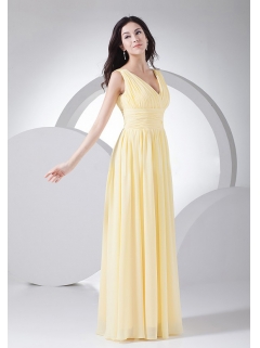 Ruching Decorate Bodice Light Yellow Chiffon V-neck 2013 Prom Dress Floor-length