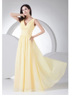 Ruching Decorate Bodice Light Yellow Chiffon V-neck 2013 Prom Dress Floor-length