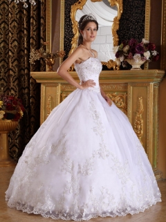 White Ball Gown Strapless Floor-length Embroidery with Beading White Quinceanera Dress