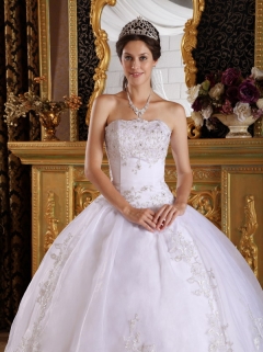 White Ball Gown Strapless Floor-length Embroidery with Beading White Quinceanera Dress