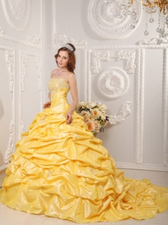 Yellow Ball Gown Strapless Court Train Taffeta Appliques and Beading Quinceanera Dress