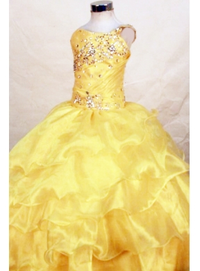 Yellow Ruffles Beaded Girl Pageant Dresses with One Shoulder