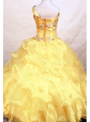 Yellow Ruffles Beaded Girl Pageant Dresses with One Shoulder