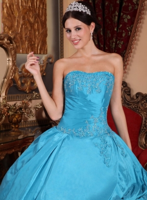 Strapless Appliques With Beading Aqua Blue Quinceanera Gowns