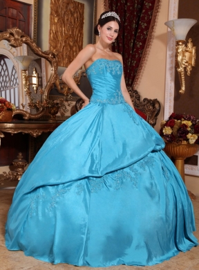 Strapless Appliques With Beading Aqua Blue Quinceanera Gowns