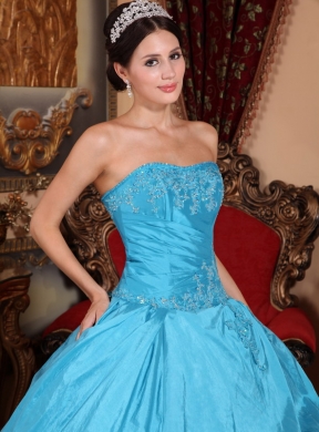 Strapless Appliques With Beading Aqua Blue Quinceanera Gowns