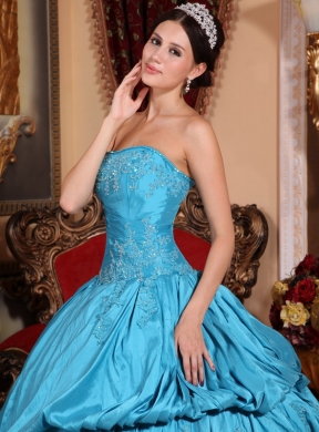 Strapless Appliques With Beading Aqua Blue Quinceanera Gowns