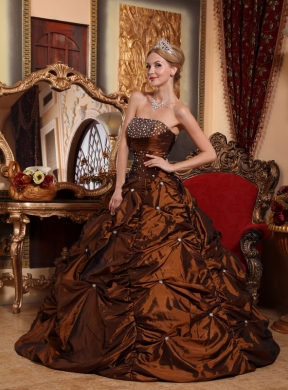 Brown A-line Strapless Floor-length Taffeta Beading Quinceanera Dress