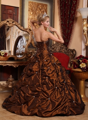 Brown A-line Strapless Floor-length Taffeta Beading Quinceanera Dress