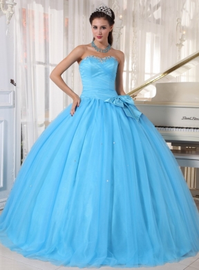Aqua Blue Ball Gown Sweetheart Floor-length Tulle Beading and Bowknot Quinceanera Dress