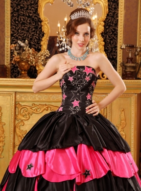 Black And Red Ball Gown Strapless Floor-length Taffeta Beading Quinceanera Dress
