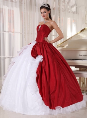 Red and White Ball Gown Sweetheart Floor-length Organza and Taffeta Beading Quinceanera Dress