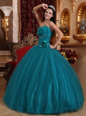 Teal Ball Gown Sweetheart Floor-length Tulle Beading Quinceanera Dress