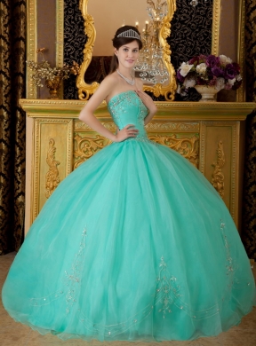 Turquoise Ball Gown Strapless Floor-length Organza Beading Quinceanera Dress