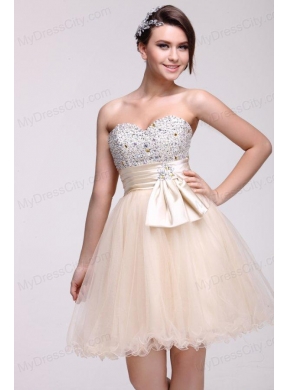 Champagne A-line Sweetheart Beaded Knee-length Prom Dress