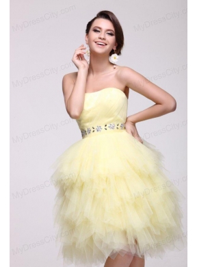 Light Yellow A-line Strapless Beaded Prom Dress with Layers