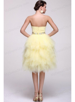 Light Yellow A-line Strapless Beaded Prom Dress with Layers