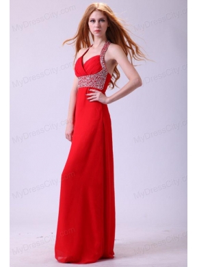 2014 Empire Halter Beading Red Chiffon Floor-length Prom Dress