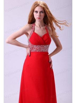 2014 Empire Halter Beading Red Chiffon Floor-length Prom Dress