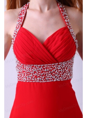 2014 Empire Halter Beading Red Chiffon Floor-length Prom Dress