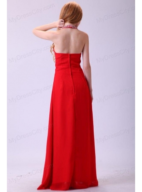 2014 Empire Halter Beading Red Chiffon Floor-length Prom Dress