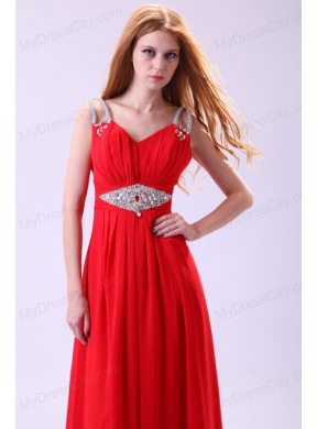 2014 Empire V-neck Red Floor-length Beading Chiffon Prom Dress