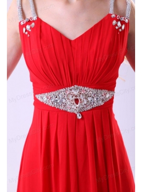 2014 Empire V-neck Red Floor-length Beading Chiffon Prom Dress