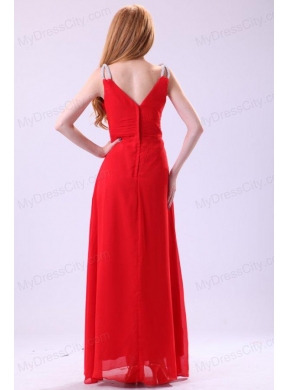 2014 Empire V-neck Red Floor-length Beading Chiffon Prom Dress