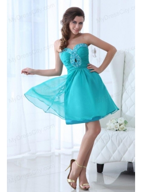 Aqua Blue Sweetheart Beaded Prom Dress with Knee-length