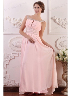 Baby Pink Empire Scoop Straps Prom Dress with Beading and Ruching