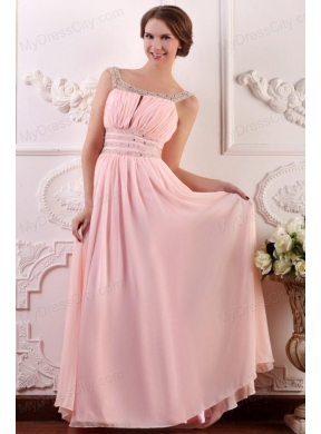 Baby Pink Empire Scoop Straps Prom Dress with Beading and Ruching